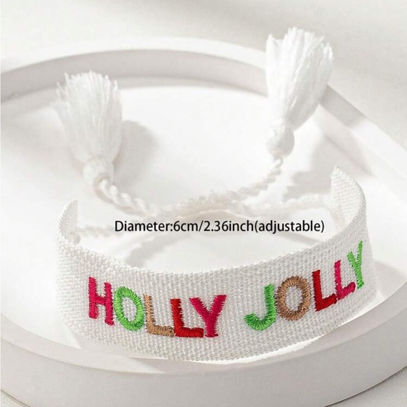 Holly Jolly Graphic Woven Embroidered Bracelet in White - Picture 3 of 3